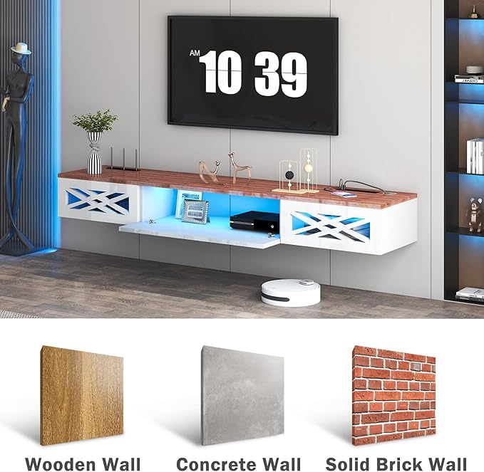 Floating TV Stand, 71" Floating Entertainment Center Wall Mounted,Floating Wall Mounted TV Shelf with Led Lights and Power Outlet,Modern High Gloss tv Cabinet Media Console with Storage
