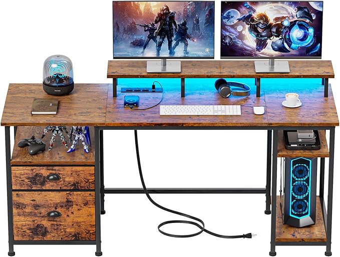 Furologee 61" Computer Desk with Power Outlet and LED Lights, Desk with Fabric File Cabinet Drawer, Large Reversible Table with Shelves and Monitor Stand, Writing Study Table for Home Office