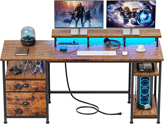 Furologee 61" Computer Desk with Power Outlet and LED Lights, Desk with Fabric File Cabinet Drawer, Large Reversible Table with Shelves and Monitor Stand, Writing Study Table for Home Office