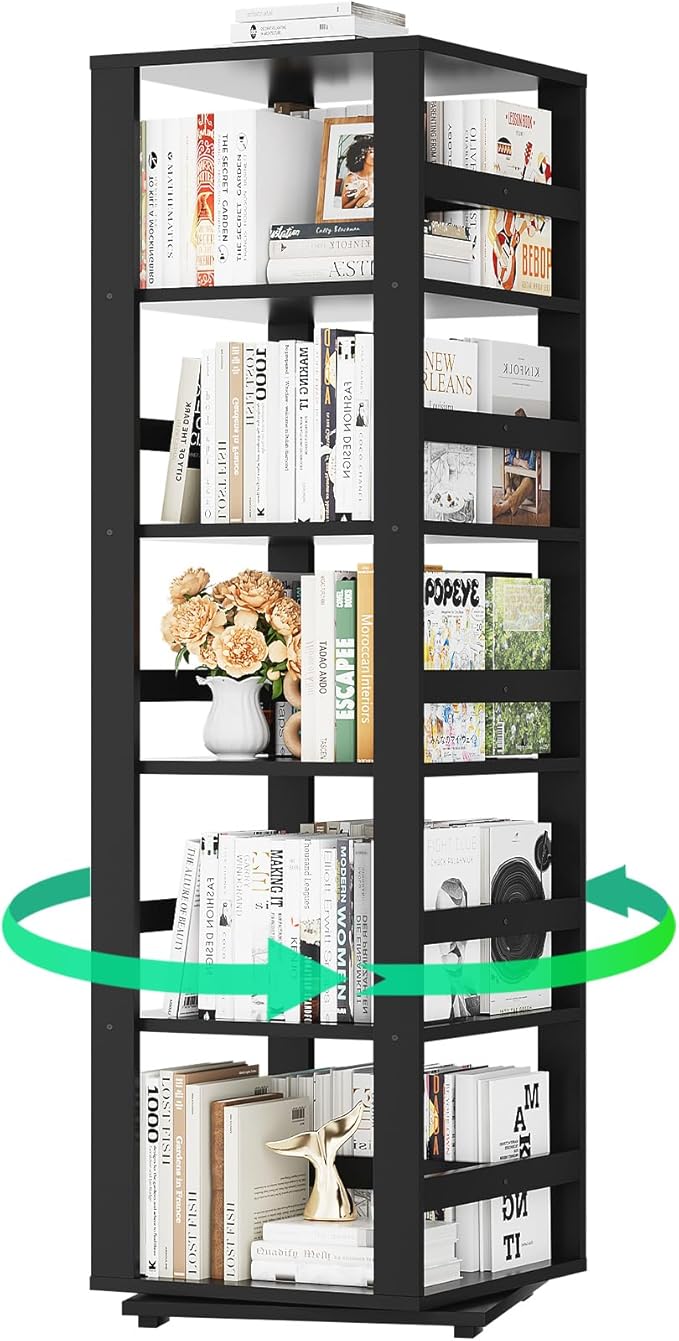 Homykic Rotating Bookshelf, Bamboo 360 Display Spinning Bookshelf Tower, 5-Tier Small Corner Bookcase for Small Spaces, Narrow Revolving Book Shelf Organizer Rack for Home Office, Black