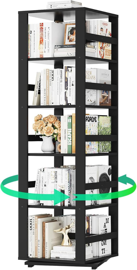 Homykic Rotating Bookshelf, Bamboo 360 Display Spinning Bookshelf Tower, 5-Tier Small Corner Bookcase for Small Spaces, Narrow Revolving Book Shelf Organizer Rack for Home Office, Black