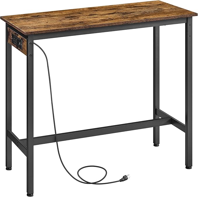 VASAGLE Bar Table, Narrow Long Kitchen Dining Table with Charging Station, Sturdy Metal Frame, Industrial, 15.7 x 39.4 x 35.4 Inches, Rustic Brown and Ink Black ULBT101K01