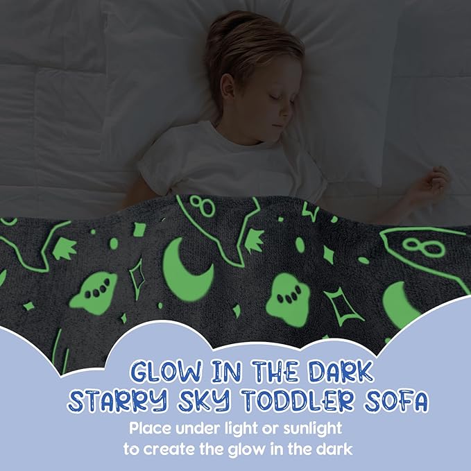 Comfy Toddler Couch and Chair for Kids with Blanket, 2-in-1 Soft Plush Fold Out Kids Sofa Chairs for Girls and Boys, Convertible Sofa to Lounger for Playroom, Glowing Starry Sky