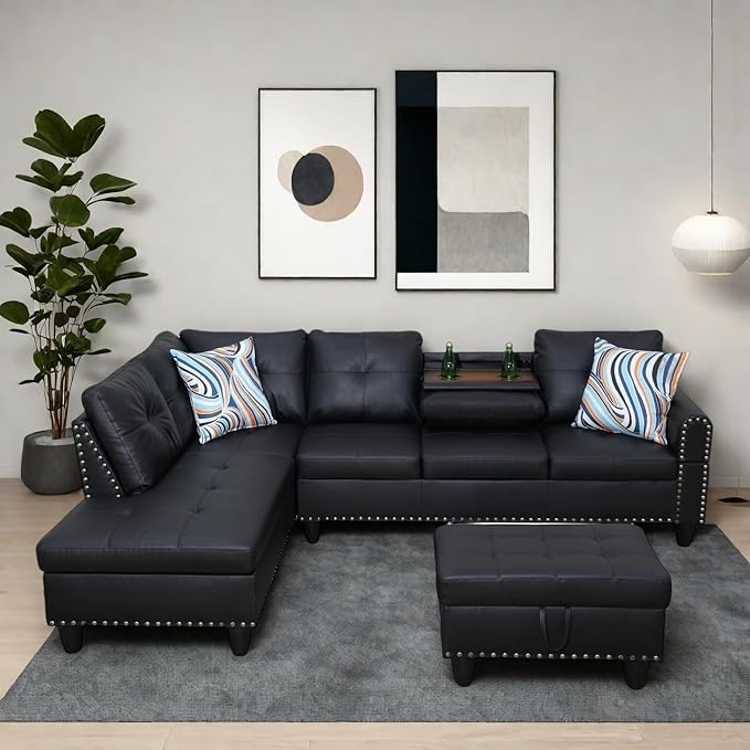 Modern Living Room Furniture Sets with Cup Holder, Modular Sectional Couches with Chaise Lounge, 4-Seaters L Shape Sofa with Storage Ottoman, for Living Room, Faux Leather, Black