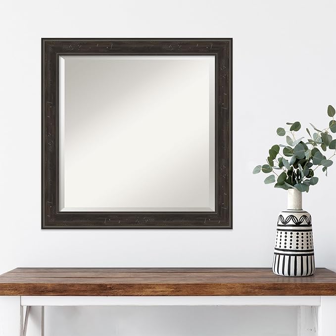 Amanti Art Brown Wall Mirror 24x24 Shipwreck Greywash Narrow Square Bathroom Mirror for Wall Decor Living Room, Medium Traditional Frame, Hangs Horizonally and Vertically, Bathroom Decor, Beveled Edge
