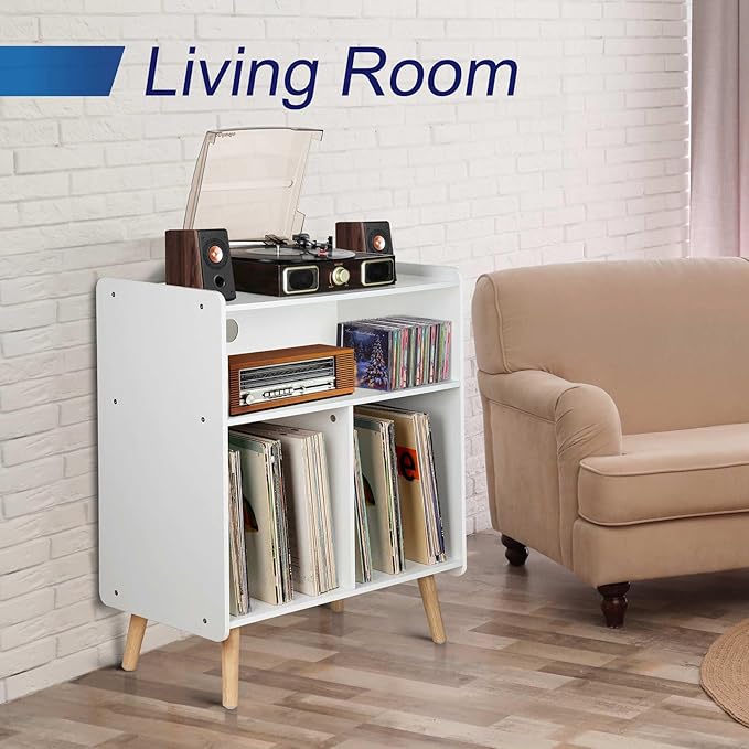 Mid-Century Wood Record Player Stand, Large Vintage Turntable Stand for Living Room, Office, 3-Tier Vinyl Record Storage Cabinet Table Holds up to 100 Albums, White