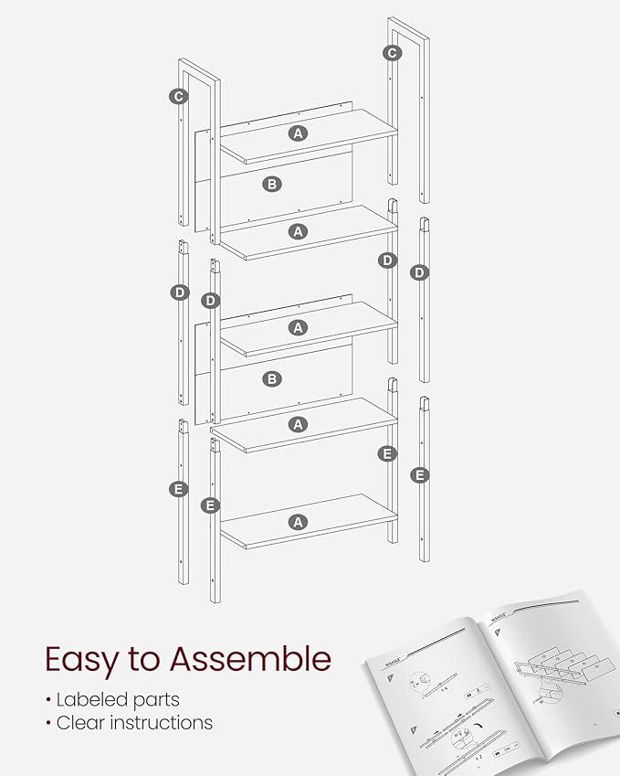 VASAGLE 5-Tier Bookshelf, Book Shelf, Industrial Bookcase, with Steel Frame, for Living Room, Home Office, Bedroom, 9.4 x 24.4 x 65 Inches, Charcoal Gray and Black ULLS025B04