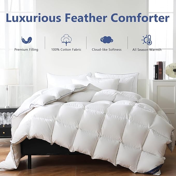 DOWNCOOL Feather Comforter California King, White Fluffy Duvet Insert with Ultra Soft 100% Cotton Cover, All Season Luxurious Hotel Bed Comforter with Corner Tabs, California King 104"x96"