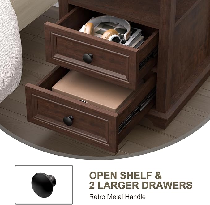 18" Wide End Table with Fast Charging Station Set of 2, 18” Wide Sofa Side Table with Drawers,End Table with Drawers for Living Room,Cherry