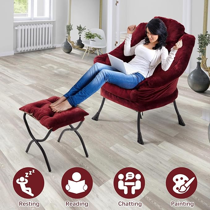 Lazy Chair with Folding Ottoman,Leisure Sofa Chair,Soft Fabric Armchair with Armrests and Side Pockets, Reading Chair with Footrest for Living Room, Bedroom, Office (Plush Red)