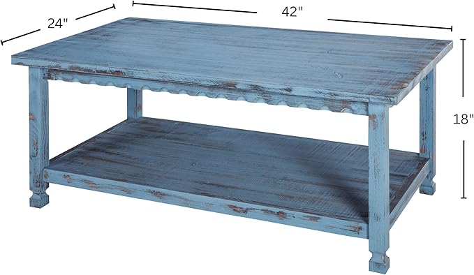 Rustic Rectangular Coffee Table, 42 in. W x 24 in. D x 18 in. H, Living Room Blue Antique, W/ (1) 36 in. W x 18 in. D x 10 in. H Shelf, Farmhouse/Cottage Style, Select Hardwood/Construction