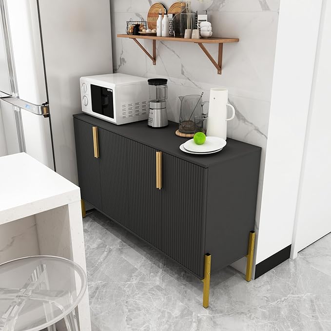 4 Doors Sideboard Buffet Cabinet with Adjustable Shelves,Modern Accent Sideboard with Golden Legs,Wide Storage Cabinet for Kitchen,Living Room,Black
