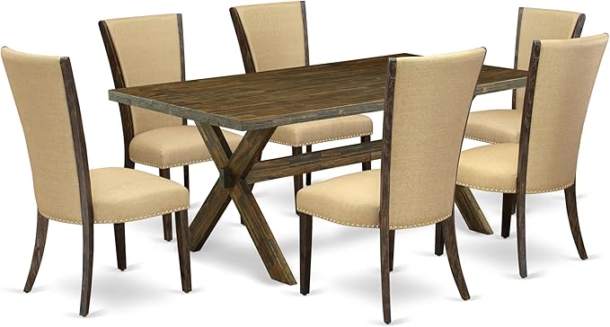 East West Furniture X777VE703-7 7 Piece Dinette Set Consist of a Rectangle Dining Room Table with X-Legs and 6 Brown Linen Fabric Upholstered Parson Chairs, 40x72 Inch, Multi-Color