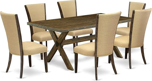 East West Furniture X777VE703-7 7 Piece Dinette Set Consist of a Rectangle Dining Room Table with X-Legs and 6 Brown Linen Fabric Upholstered Parson Chairs, 40x72 Inch, Multi-Color