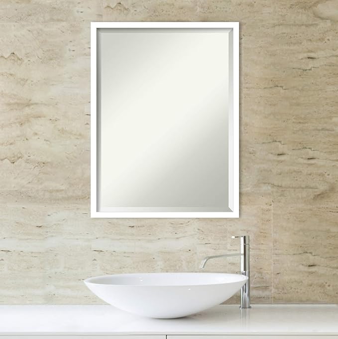 Amanti Art White Bathroom Mirror for Over Sink, 26x20 Svelte White Rectangle Vanity Mirror, Medium Modern Contemporary Wood Frame, Hangs Horizonally and Vertically, Bathroom Wall Decor, Beveled Edge