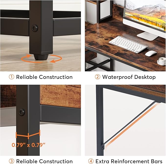 Tribesigns 55 Inch Computer Desk with 2 Drawers and Storage Shelves, Rustic Office Desk with Hutch, Study Writing Gaming Table Laptop Workstation for Home Office (Brown)