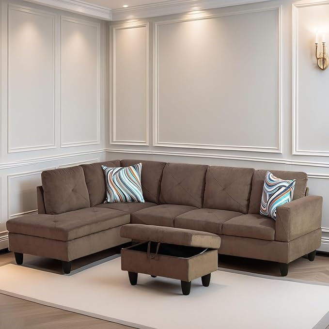L Shaped Sectional Couch Sofa, Modern Couches for Living Room, Comfy 4 Seat Modular Sectional Sofa with Ottoman Storage for Bedroom Apartment, Brown