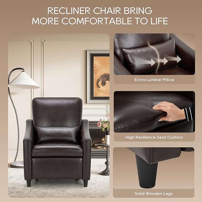 COLAMY Pushback Electric Recliner Chair Set of 2, Premium Leather Upholstery with Adjustable Angles, Extra Lumbar Pillow, Built-in Charging Port, Business-Casual Style for Living Room,Brown