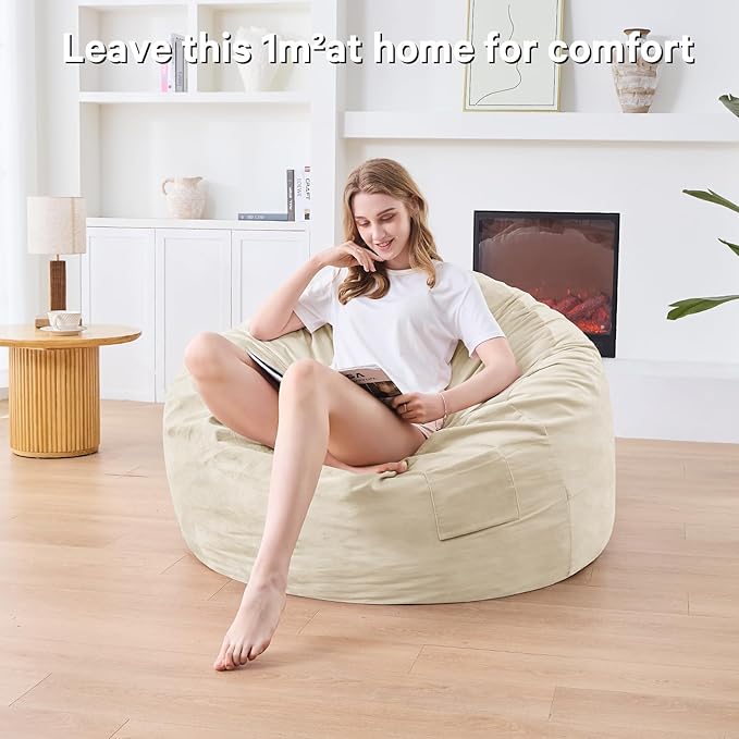 Bean Bag Chairs for Adults - Giant Bean Bag Chair Convertible Bean Bag Bed - Beanbag Chair with Micro Fiber Cover/Furniture Foam Filler - Floor Couch Sofa in Bedroom Dorm Room - Queen Beige