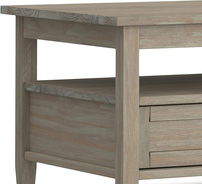 SIMPLIHOME Warm Shaker Coffee Table - 48 inch Wide Solid Wood Cocktail Table in Distressed Grey, Transitional Living Room Table with 2 Storage Drawers and Open Shelf for Sitting Area or Lounge