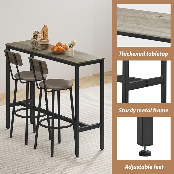 Dining Table Set for 2, 3-Piece Bar Table and Chairs Set, Kitchen Table and Chairs, High Top Table with 2 PU Upholstered Stools, Space-Saving Pub Table Sets for Small Space, Gray