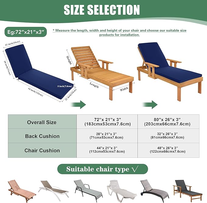 Chaise Lounge Cushions Outdoor - Waterproof and Fade Resistant Sun Lounger Replacement Cushions - Patio Lounger Pads with Removable Cover for Pool, Deck, Lawn, 72 x 21 x 3 Inch, Navy