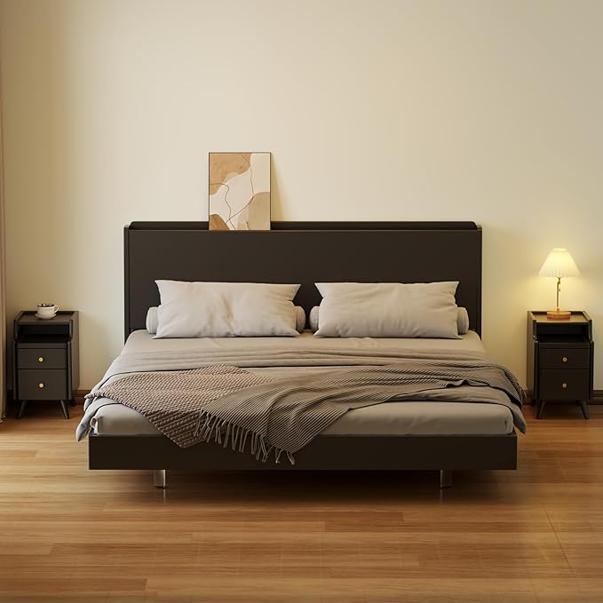 Wood Nightstand, Black Nightstand with 2 Drawers, Bedside Table for Bedroom