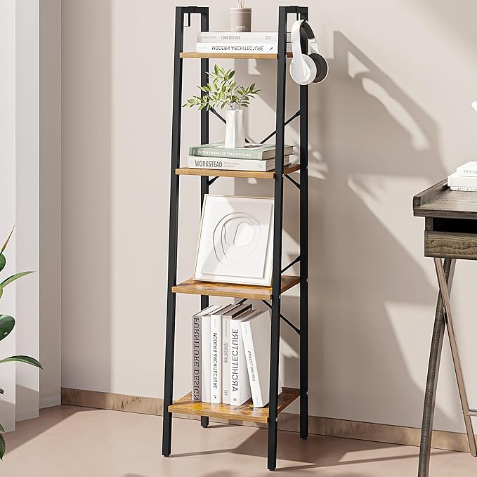 Ladder Shelf, Bookshelf Bookcase, Freestanding Corner Storage Shelve with 2 Hooks for Home Office, Living Room, Kitchen, Bedroom, Industrial, 4-Tier Rustic Brown BC13201B
