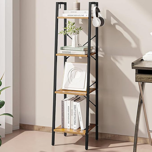 Ladder Shelf, Bookshelf Bookcase, Freestanding Corner Storage Shelve with 2 Hooks for Home Office, Living Room, Kitchen, Bedroom, Industrial, 4-Tier Rustic Brown BC13201B