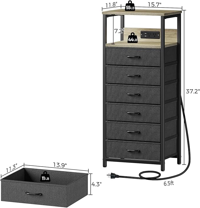 Seventable Night Stand with Charging Station, Tall Nightstand with 6 Fabric Storage Drawers, Side Table with LED Light for Bedroom, Entryway, Greige