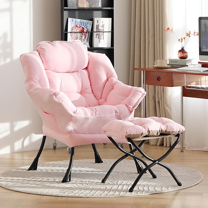 LITA Lazy Chair with Ottoman, Modern Accent Leisure Upholstered Sofa, Contemporary Lounge Reading Chair with Armrests and a Side Pocket for Living Room, Bedroom & Small Space, Pink
