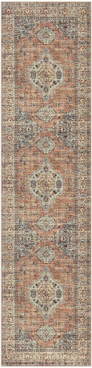 Lahome Oriental Kitchen Runners for Hallways, 2.5x12 Washable Runner Rug Non Slip, Soft Hallway Rug Distressed Ultra-Thin Long Carpet for Bathroom Entryway ‎Bedroom, Peach/Orange