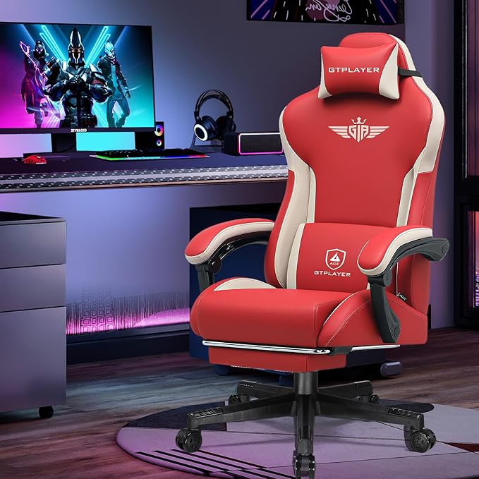 GTPLAYER Gaming Chair with Footrest, Big and Tall Game Chair High Back Computer Office Chair with Lumbar Support for Adults, Ergonomic Swivel Games Chair with Cushion Gaming Faux Leather Red