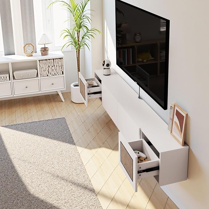 Pmnianhua Boho Floating TV Stand 94", Modern Wall Mounted Media Console with Cotton-Rayon Doors for Under TV Shelf,Entertainment Center,Living Room,Bedroom(White)