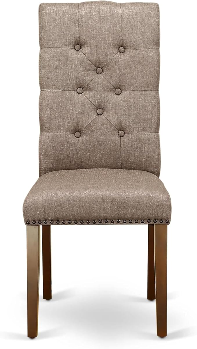 East West Furniture ELP3T16 Elsa Parson Dining Chairs - Button Tufted Nailhead Trim Dark Khaki Linen Fabric Upholstered Chairs, Set of 2, Mahogany