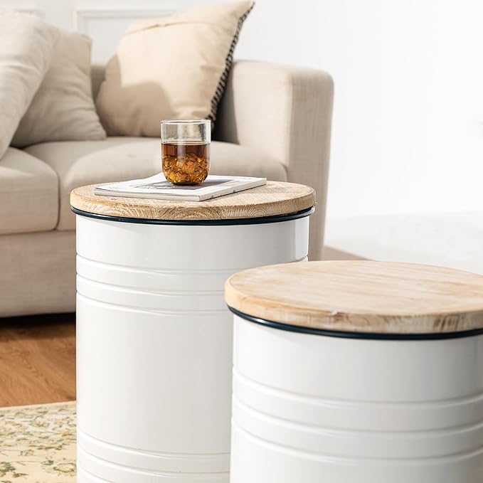 Glitzhome Farmhouse Accent Side Table, Metal Storage Stool Ottoman with Round Lid - Galvanized Coffee Cocktail End Tables Set of 2 for Living Room Bedroom, White