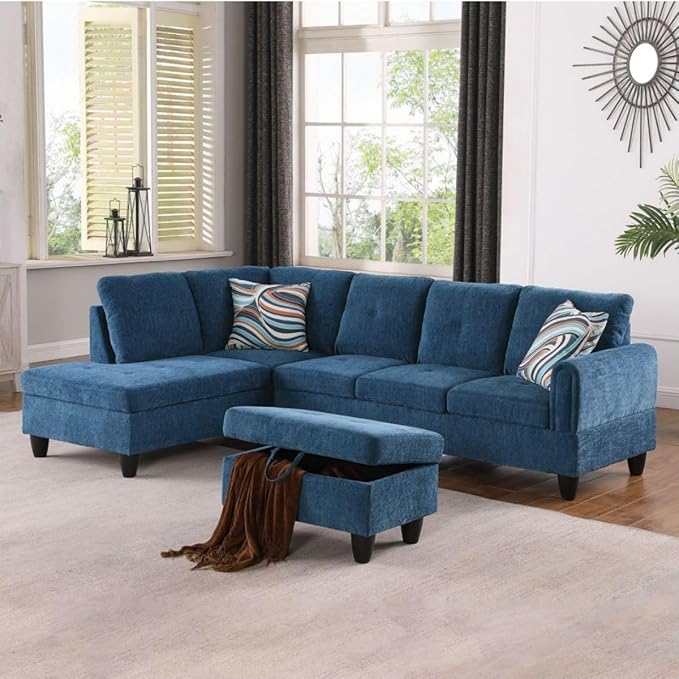 Blue L-Shaped 3-Piece Flannel Sofa with Storage Ottoman Set, Sectional Couch Sofa Set for Living Room, Office, Small Space