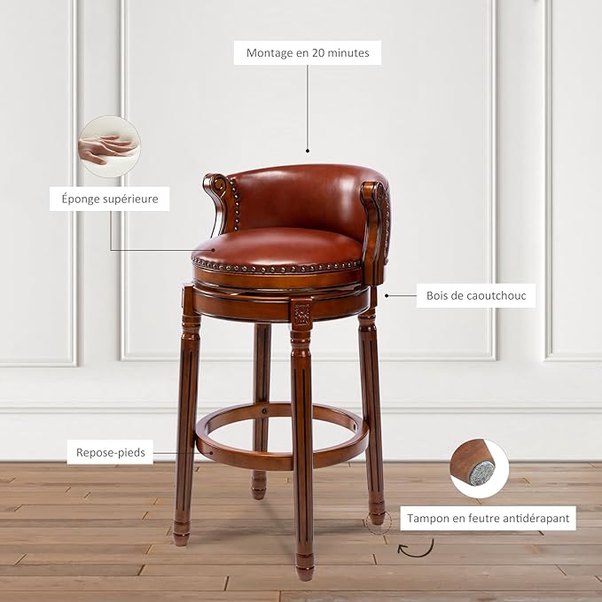 Cow top Leather Wooden Bar Stools, 26" Counter Height Bar Chair with Back, 180 Degrees Swivel Barstools Chair for Home Kitchen Counter,Dining Room, Restaurant