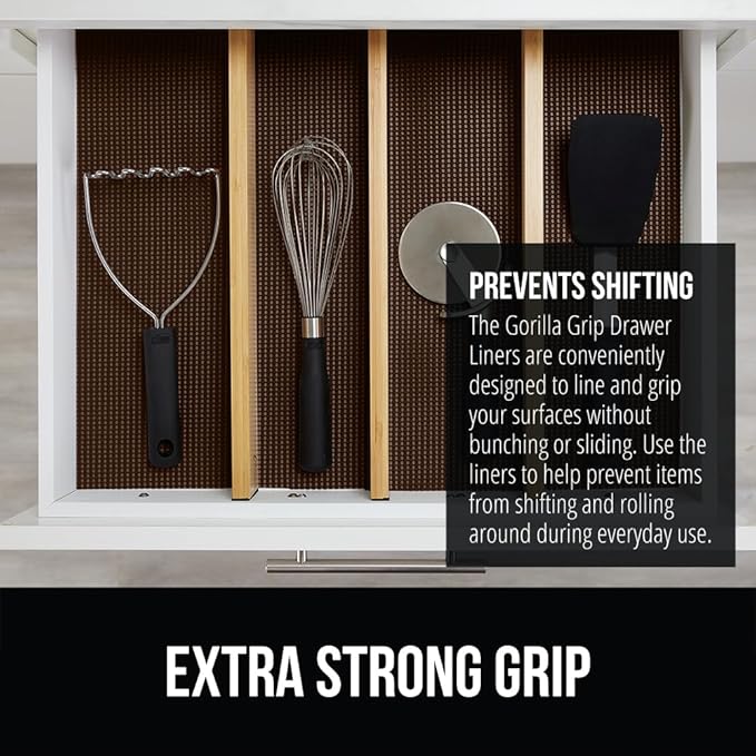GORILLA GRIP powerGRIP Drawer Shelf and Cabinet Liner, Thick Strong Hold, Non-Adhesive Liners Protect Kitchen Cabinets and Cupboard, Bathroom Drawers, Easy Install, Breathable Mat, 20" x10', Chocolate