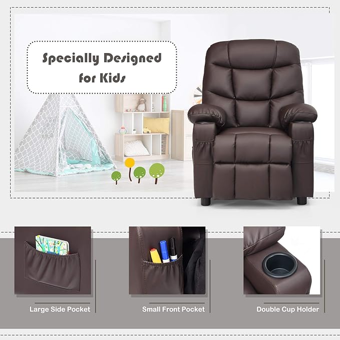 Costzon Kids Recliner Chair with Cup Holder, Adjustable Leather Lounge Chair w/Footrest & Side Pockets for Children Boys Girls Room, Ergonomic Toddler Furniture Sofa, Kids Recliner (Brown)