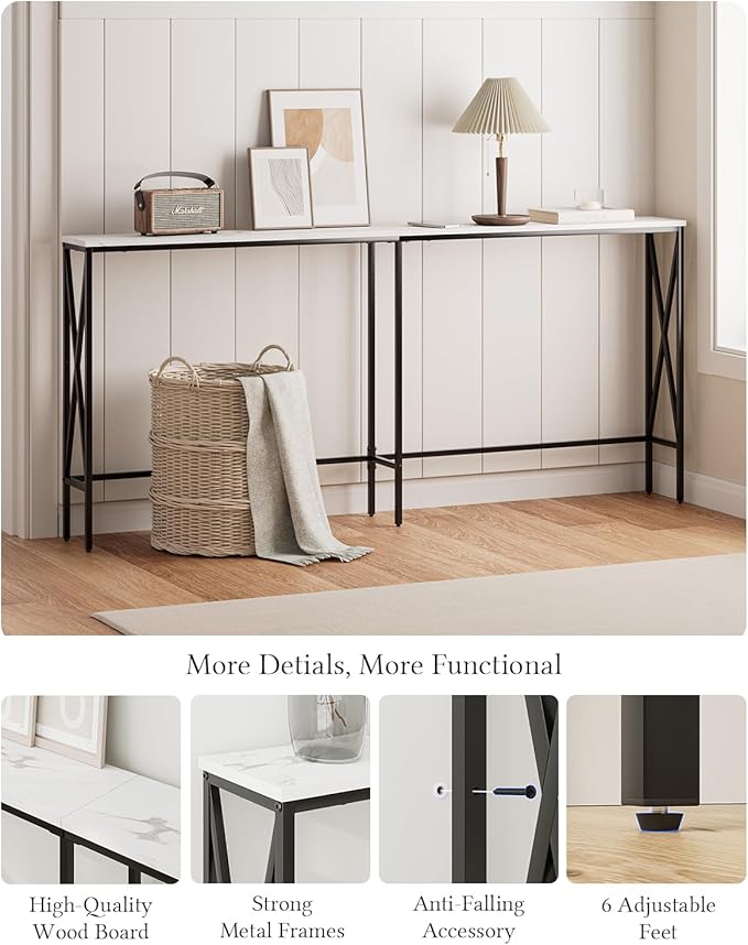 Masupu 70.9" Console Table, Modern Narrow Long Sofa Table Behind Couch, Skinny Entry Table, Industrial Sofa Table with Metal Frame for Hallway, Living Room, White and Black