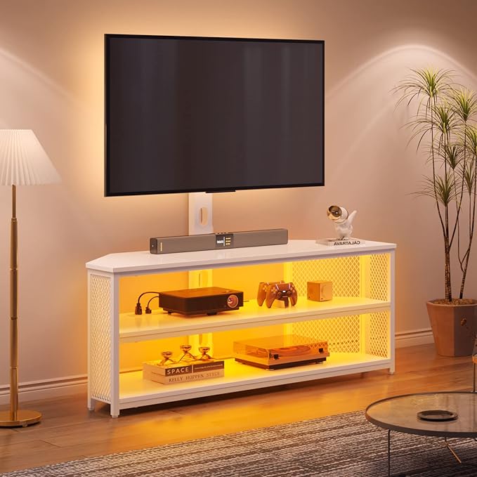 Rolanstar TV Stand with Mount and Power Outlet, Swivel TV Stand with LED Lights for 32/45/55/60/65/70 inch TVs, White Entertainment Center Media Console with Height Adjustable Mount