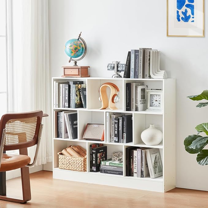 YAHARBO White 10 Cube Bookshelf,3 Tier Modern Horizontal Bookcase,Wooden Low Book Shelf Display Storage Cabinet with Base,Floor Standing Short Bookshelves Open Organizer for Bedroom,Living Room,Office