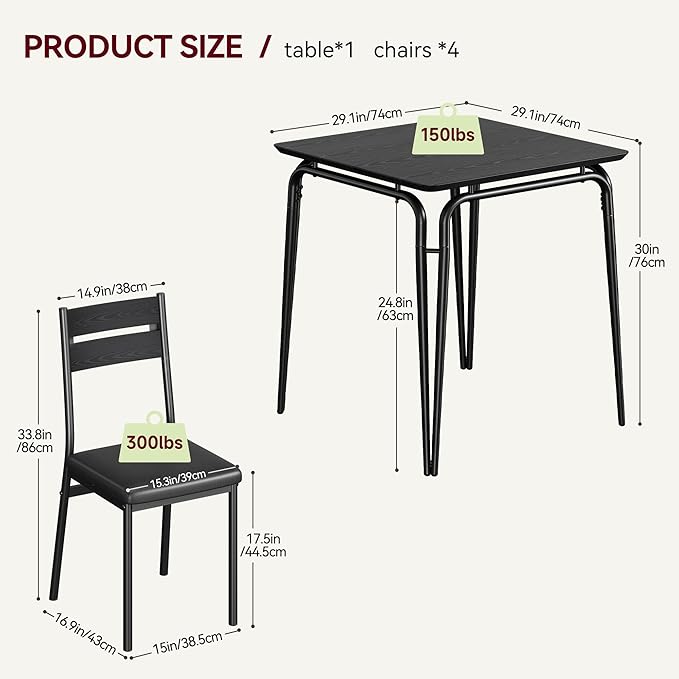 Dining Table for 2, Small Table and Chairs Set of 2, Square Dinette Set for 2, 3 Piece Kitchen & Dining Room Sets for Small Space (Black, Table with 2 Upholstered Chairs)