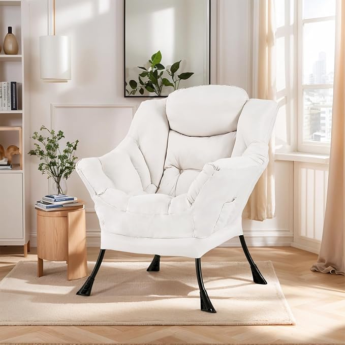 Lazy Chair for Living Room, Modern Accent Chairs with Armrests, Comfy Lounge Chair with Side Pocket, Cozy Lazy Sofa for Reading, Balcony, Bedroom, Dorm, Small Spaces (Beige)