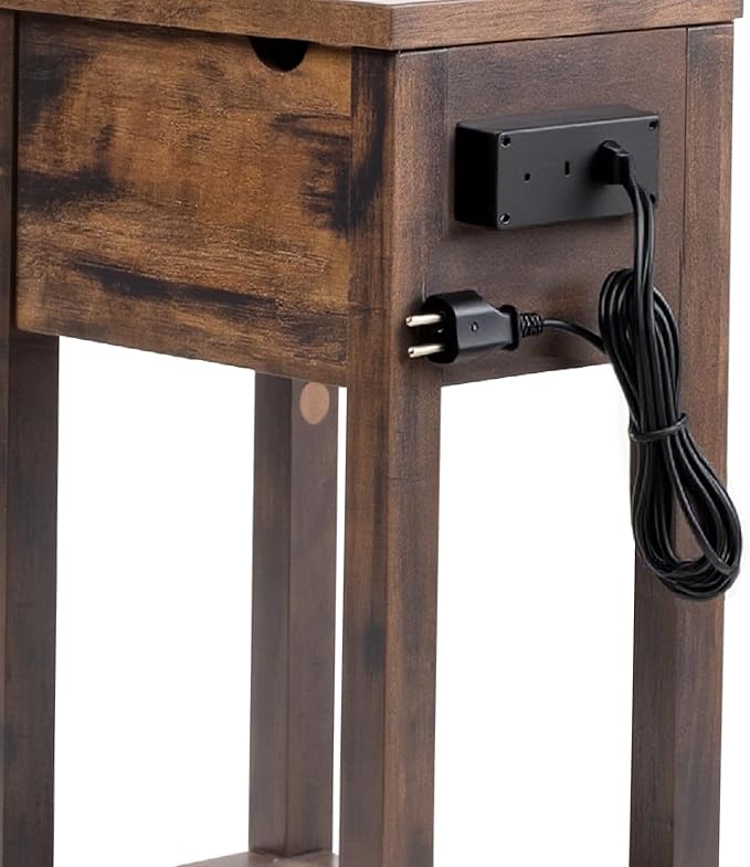 Chairside Table with Charger,Cherry End Table with Movable Top and Charging Station, Narrow Side Table with Storage Cabinet and USB, Sofa Table for Living Room Bedroom