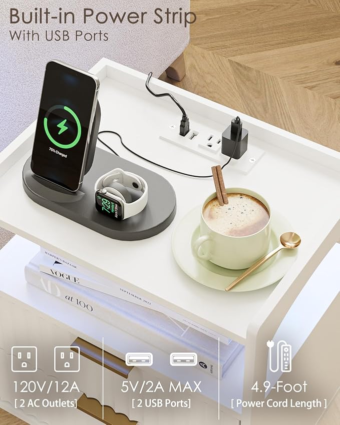 Nightstand with Charging Station and LED Lights,Modern Bedside Table with 2Drawer and Open Shelf,White Night Stand with Solid Wood Legs,End Table for Living Room、Bedroom and Small Spaces