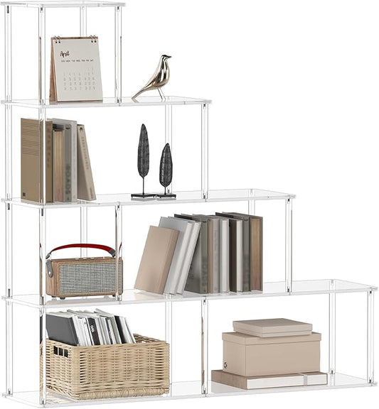 5-Tier Acrylic Stepped Bookshelf with 6 Cube, Modern Bookcase, Clear Open Book Shelf for Home Office, Living Room, Bedroom, 11.8" D x 47.2" W x 49.2" H