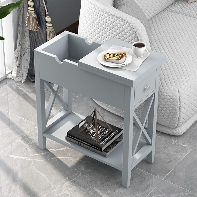 ChooChoo End Table, MDF Material Flip Top Narrow End Table with Drawer, Accent Small Side Table Nightstand for Living Room, Bedroom, and Small Spaces - Gray