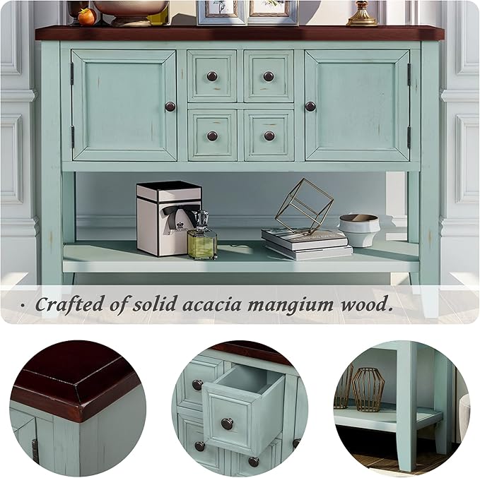 Merax Wood Farmhouse Buffet Sideboard Table with Drawers and Bottom Shelf Console Table for Living Room Dinning Room Kitchen (Retro Blue)